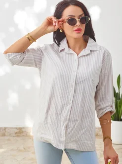 Royalfashion Bawełniana damska koszula w paski z wiązaniem na dole