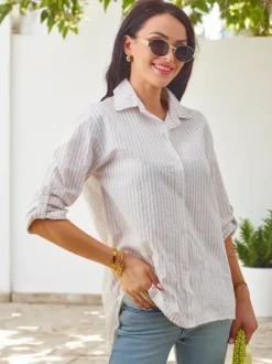 Royalfashion Bawełniana damska koszula w paski z wiązaniem na dole