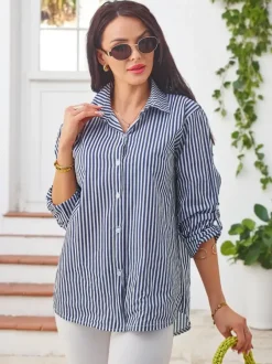 Royalfashion Bawełniana damska koszula w paski z wiązaniem na dole