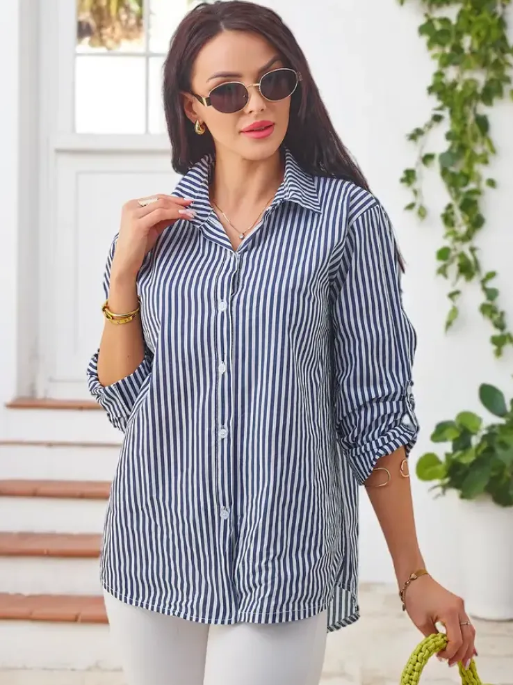 Royalfashion Bawełniana damska koszula w paski z wiązaniem na dole