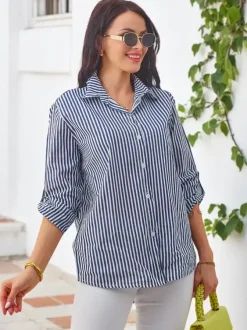 Royalfashion Bawełniana damska koszula w paski z wiązaniem na dole