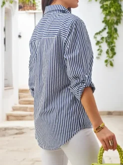 Royalfashion Bawełniana damska koszula w paski z wiązaniem na dole