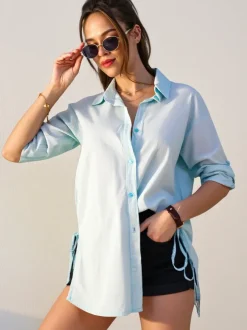 Royalfashion Bawełniana dłuższa damska koszula w paski z wiązaniem w talii