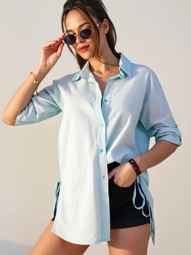 Royalfashion Bawełniana dłuższa damska koszula w paski z wiązaniem w talii