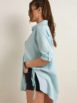 Royalfashion Bawełniana dłuższa damska koszula w paski z wiązaniem w talii