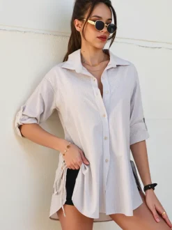 Royalfashion Bawełniana dłuższa damska koszula w paski z wiązaniem w talii