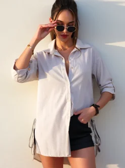 Royalfashion Bawełniana dłuższa damska koszula w paski z wiązaniem w talii