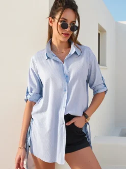 Royalfashion Bawełniana dłuższa damska koszula w paski z wiązaniem w talii