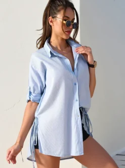 Royalfashion Bawełniana dłuższa damska koszula w paski z wiązaniem w talii