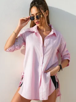 Royalfashion Bawełniana dłuższa damska koszula w paski z wiązaniem w talii