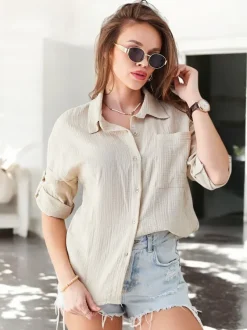 Royalfashion Bawełniana koszula damska z tłoczeniem i z dekoltem w serek i rękawami 3/4