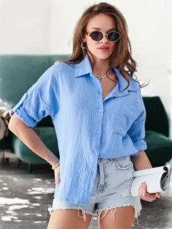 Royalfashion Bawełniana koszula damska z tłoczeniem i z dekoltem w serek i rękawami 3/4