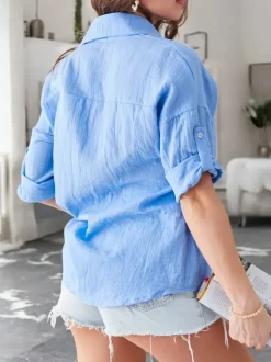 Royalfashion Bawełniana koszula damska z tłoczeniem i z dekoltem w serek i rękawami 3/4