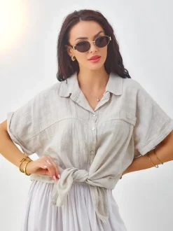 Royalfashion Bawełniana koszula damska z tłoczeniem i krótkimi rękawami