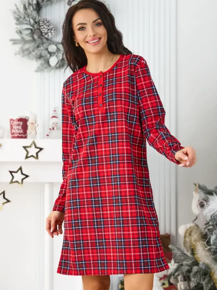 Royalfashion Bawełniana nocna koszula damska w kratkę