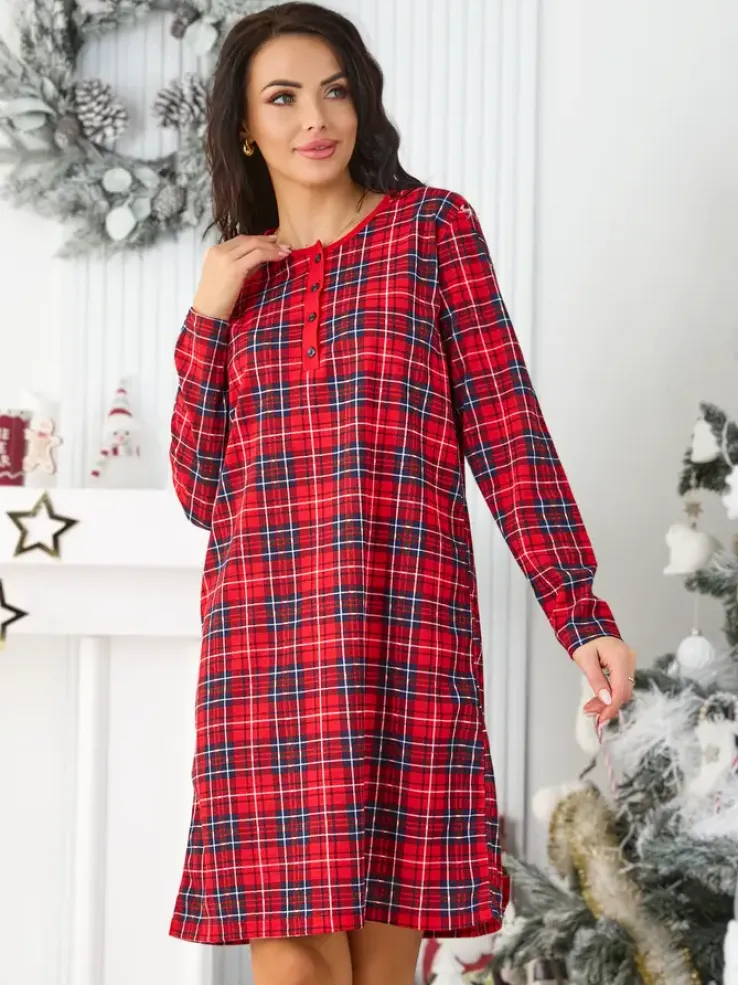 Royalfashion Bawełniana nocna koszula damska w kratkę