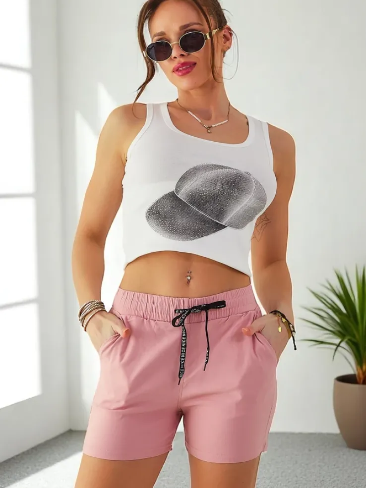 Royalfashion Bawełniane krótkie spodenki damskie z gumką i troczkami w pasie