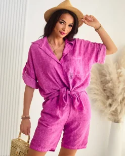 Royalfashion Bawełniano- lniany damski koszulowy komplet