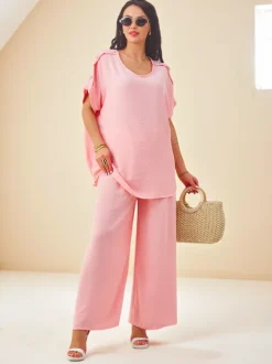 Royalfashion Bawełniany damski komplet z krótkim rękawem i poszerzanymi spodniami