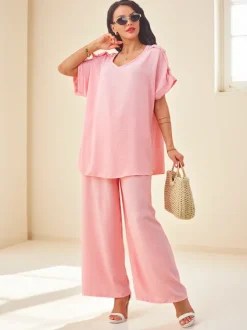 Royalfashion Bawełniany damski komplet z krótkim rękawem i poszerzanymi spodniami