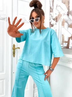 Royalfashion Bawełniany damski komplet z poszerzanymi spodniami