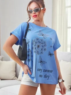 Royalfashion Bawełniany damski t-shirt z dmuchawcami i motylkiem
