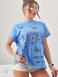 Royalfashion Bawełniany damski t-shirt z dmuchawcami i motylkiem