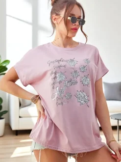 Royalfashion Bawełniany damski t-shirt z nadrukiem z listkami