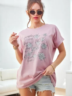 Royalfashion Bawełniany damski t-shirt z nadrukiem z listkami