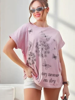 Royalfashion Bawełniany damski t-shirt z dmuchawcami i motylkiem