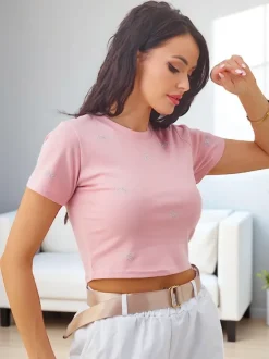 Royalfashion Bawełniany damski crop top z cyrkoniami w kształcie kokardek