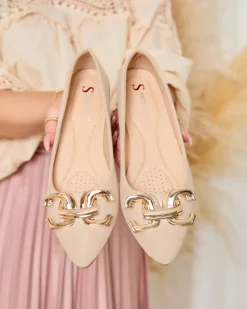 Royalfashion Beżowe baleriny damskie w szpic z ozdobą na nosku Figgda
