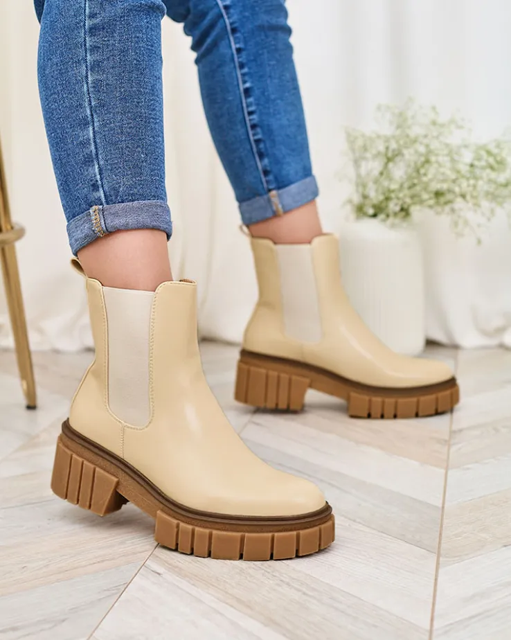 Royalfashion Beżowe botki damskie na masywnej podeszwie Eferope