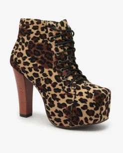 Royalfashion Beżowe botki damskie na wysokim słupku w panterkę Seficone