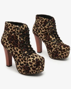 Royalfashion Beżowe botki damskie na wysokim słupku w panterkę Seficone