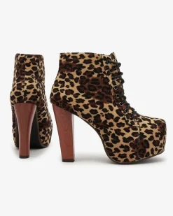 Royalfashion Beżowe botki damskie na wysokim słupku w panterkę Seficone