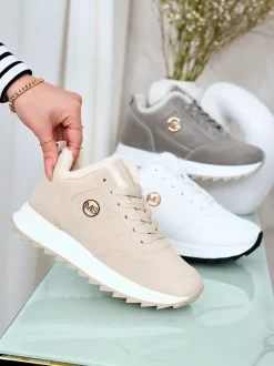 Royalfashion Beżowe buty sportowe damskie z ociepleniem Lahho