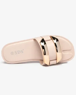 Royalfashion Beżowe damskie klapki z dużą złotą ozdobą Kedino