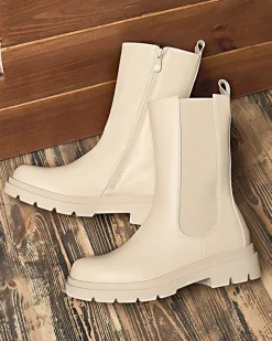 Royalfashion Beżowe damskie wysokie botki na płaskim obcasie Vedesa