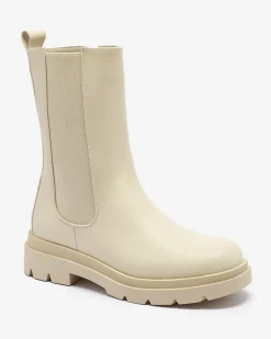 Royalfashion Beżowe damskie wysokie botki na płaskim obcasie Vedesa