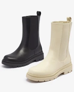 Royalfashion Beżowe damskie wysokie botki na płaskim obcasie Vedesa