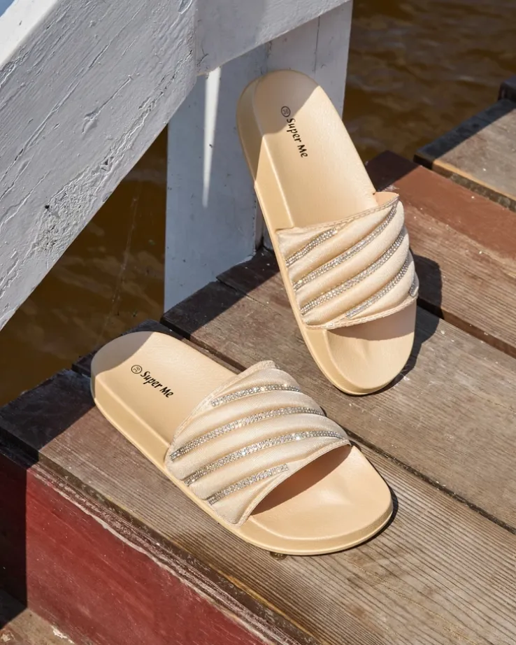 Royalfashion Beżowe damskie klapki z cyrkoniami Erikis