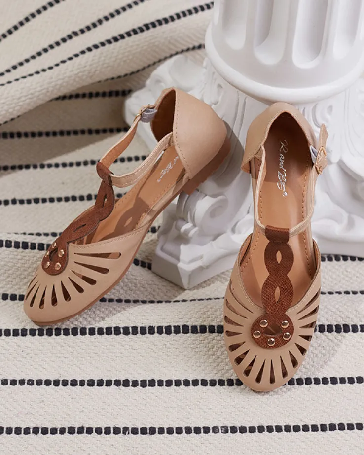 Royalfashion Beżowe damskie baleriny ażurowe z wycięciem po bokach Erraf