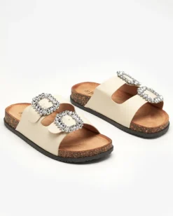 Royalfashion Beżowe damskie klapki z klamerkami Oterina