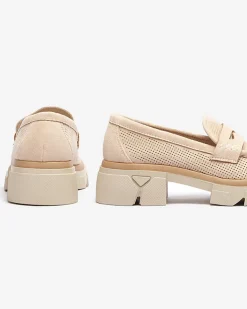 Royalfashion Beżowe damskie ażurowe mokasyny na masywnej podeszwie Ejina