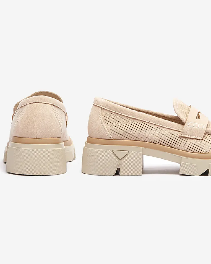 Royalfashion Beżowe damskie ażurowe mokasyny na masywnej podeszwie Ejina