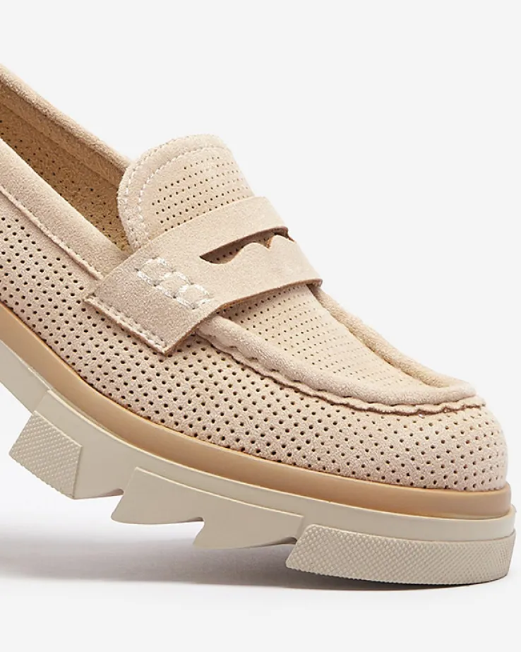 Royalfashion Beżowe damskie ażurowe mokasyny na masywnej podeszwie Ejina