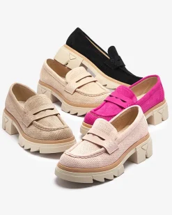 Royalfashion Beżowe damskie ażurowe mokasyny na masywnej podeszwie Ejina