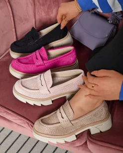 Royalfashion Beżowe damskie ażurowe mokasyny na masywnej podeszwie Ejina