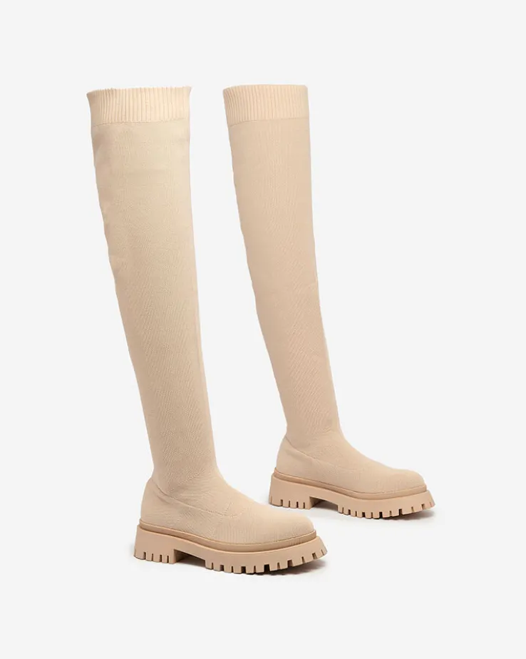 Royalfashion Beżowe damskie wsuwane kozaki za kolano Radgitas